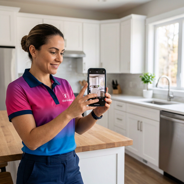 Diarista vistoriando a limpeza da cozinha pelo aplicativo